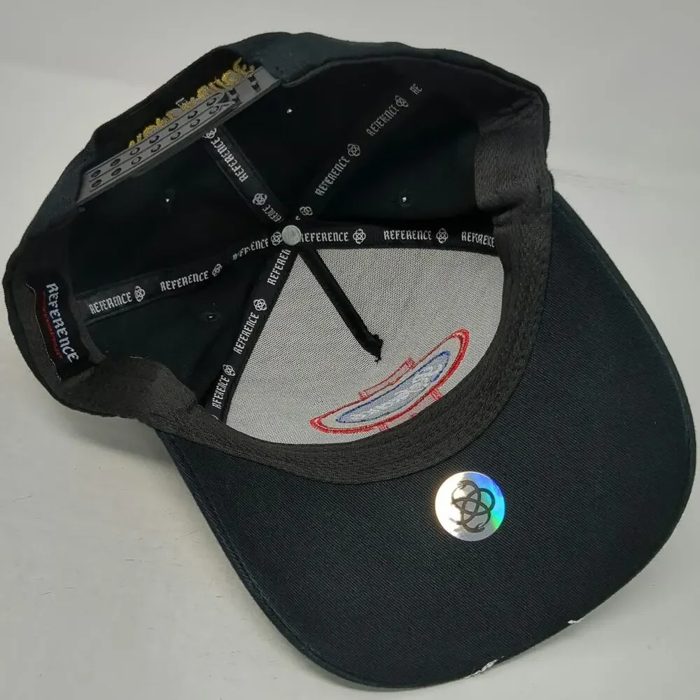 Reference 5 Panel Black Hat One Size Graphic Brim Snapback Script Embroidery
